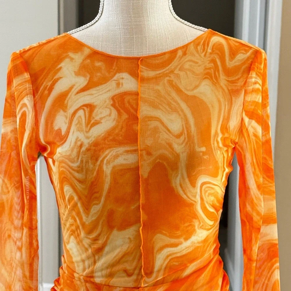 Naked Wardrobe Swim Orange Marble Mesh Long Sleeve Mini‎ Dress Cover Up XS